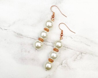 Pearl Drop Earrings. Pearl Dangle Earrings. Bridal Earrings. Rose Gold Pearl Earrings. Rose Gold Bridal Jewelry. Bridesmaids Earrings