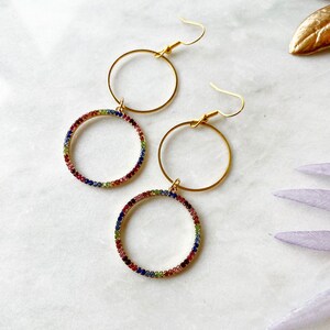 Gold Hoop Earrings. Gold Rainbow Earrings. Rainbow Hoop Earrings. Rainbow Jewelry. Crystal Rainbow Earrings. Boho Inspired Earrings.