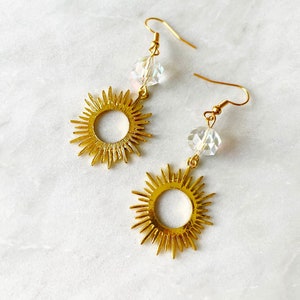 Gold Sunburst Earrings. Sun and Moon Earrings. Gold Crystal Earrings. Gold Sun Earrings. Sun Jewelry. Celestial Jewelry. Celestial Earrings