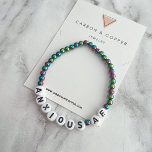 Anxious AF Bracelet: Rainbow Hematite Letter Bead Mental Health Jewelry
