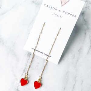 Threader Heart Earrings. Tiny Heart Earrings. Gold Chain Earrings. Red Heart Jewelry. Gold Threader Earrings. Valentines Jewelry.