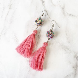 Tassel earrings. Tassel Jewelry. Fringe Earrings. Pink Tassel Earrings. Rhinestone Earrings. Bohemian Earrings. Boho Jewelry. Gift for her