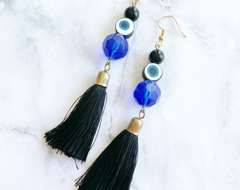 Evil Eye Tassel Earrings. Blue Evil Eye Jewelry. Evil Eye Beaded Earrings. Eye Jewelry. Blue and Black Beaded Earrings. Halloween Jewelry