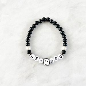 Hey Boo Ghost Bracelet: Matte Black Onyx Beaded Halloween Jewelry