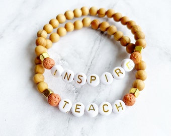 Teacher Bracelet: Sandalwood, Lava Beads, Letter Bead Jewelry