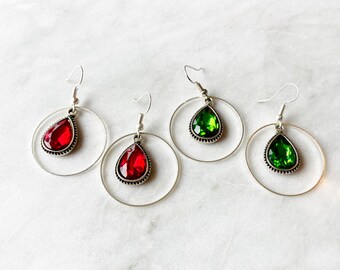 Red and Green Crystal Hoop Earrings: Christmas Jewelry