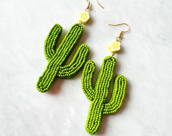 Oversized Beaded Cactus Earrings. Cactus Jewelry. Cactus Earrings. Flower Earrings. Flower Jewelry. Southwestern Earrings. Plant Jewelry.