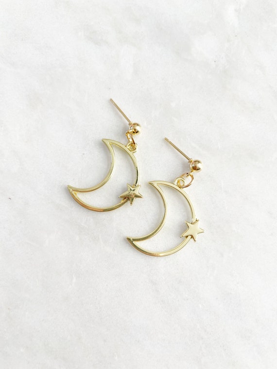 Gold Crescent Moon Earrings Star Earrings Delicate Dainty Gold Jewelry Gifts For Her Gold Moon and Star Earrings Hypoallergenic