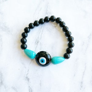 Evil Eye Beaded Bracelet. Gemstone Beaded Bracelet. Evil Eye Bracelet. Turquoise Colored Jewelry. Black Beaded Bracelet. Evil Eye Jewelry.