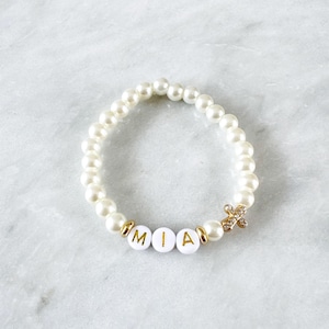 Pearl Letter Bead Cross Bracelet: Rhinestone Charm, Baptism Gift