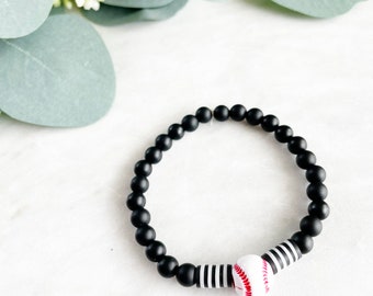 Baseball Mom Bracelet: Matte Black Beaded Sports Jewelry