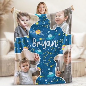 Personalized Photo Name Boy Blanket, Personalized Kids Name Blanket, Gift for Sons, Custom Throw Baby Blanket, Family Gift, Birthday Gift