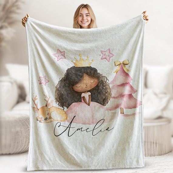 Personalized African American Girl Blanket, Personalized Baby Name