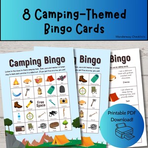 Jeu de bingo en camping | Bingo imprimable | 8 pages + 4 pages de cartes de visite