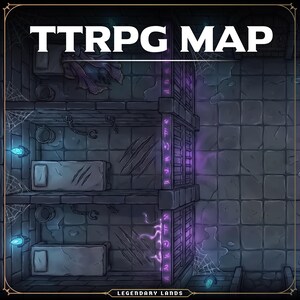 Könnte beinhalten: Detaillierte TTRPG-Kartenillustration mit Dungeon-Thema. Die Karte zeigt Steinmauern, Betten, Ketten und einen Käfig mit leuchtenden lila Runen. Der Text "TTRPG MAP" steht oben und "LEGENDARY LANDS" unten.