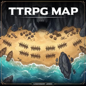 May include: A detailed TTRPG map featuring a beach scene with a cave entrance. The map includes wooden boats, spiked barricades, barrels, and crates on a sandy shore. The text "TTRPG MAP" is displayed at the top, with "LEGENDARY LANDS" at the bottom.