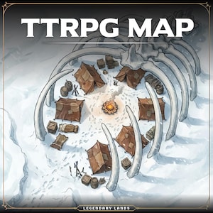 May include: A detailed illustration of a TTRPG map set in a snowy landscape. The map features a campsite with tents, a campfire, and supplies, all enclosed within a large bone structure. The text "TTRPG MAP" is at the top.