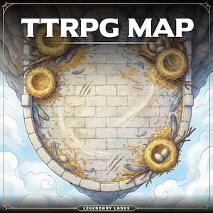 May include: A top-down view of a TTRPG map with a stone tower design. The map features four bird nests with eggs and feathers, set against a backdrop of a cloudy sky. The text "TTRPG MAP" is at the top.