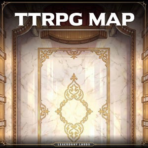 Könnte beinhalten: Eine TTRPG-Karte mit einem theaterähnlichen Setting. Die Karte zeigt einen marmorähnlichen Hintergrund mit goldenen Zierleisten und einem Bühnenbereich. Der Text "TTRPG MAP" steht oben und "LEGENDARY LANDS" unten.