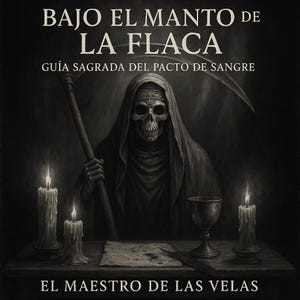 May include: Dark, gothic-style illustration featuring a robed skeleton holding a scythe, with text in Spanish. The image includes lit candles, a chalice, and a scroll. The text reads "BAJO EL MANTO DE LA FLACA" and "EL MAESTRO DE LAS VELAS."
