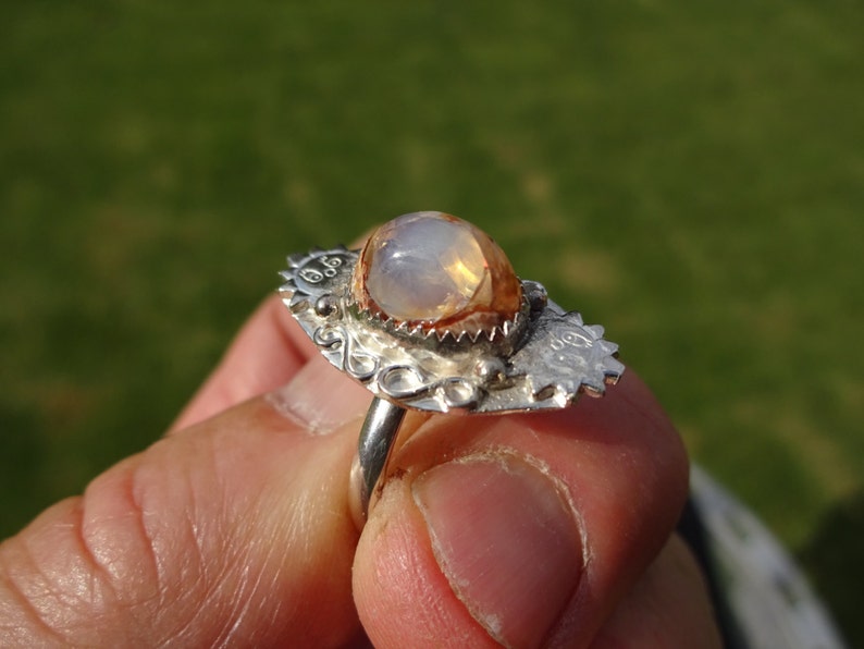 Size 9 Sterling Silver Smiling Sun Themed Mexican Jelly Opal Ring FREE RESIZING