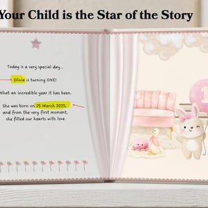 May include: An open children's storybook with light pink curtains on the edges. The left page features the text: Your Child is the Star of the Story, Today is a very special day, Olivia is turning ONE, and She was born on 25 March 2025.