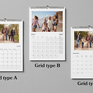 May include: Three wall calendars with spiral binding at the top, each displaying a different photograph of a family and a monthly grid. The calendars are labeled Grid type A, Grid type B, and Grid type C, showing November 2027 and July 2027 dates.