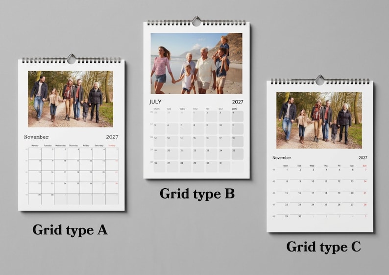 May include: Three wall calendars with spiral binding at the top, each displaying a different photograph of a family and a monthly grid. The calendars are labeled Grid type A, Grid type B, and Grid type C, showing November 2027 and July 2027 dates.