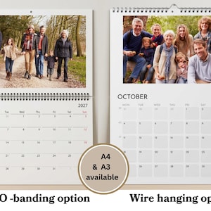 May include: Two wall calendars for 2027, one showing December and the other October, featuring family photographs at the top. The calendars have wire-O binding and a hanging hole. A circular graphic in the center states A4 & A3 available.