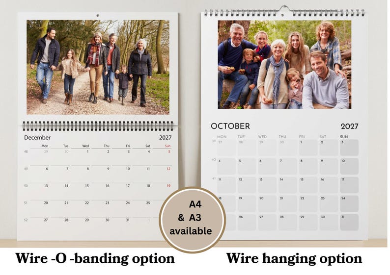 May include: Two wall calendars for 2027, one showing December and the other October, featuring family photographs at the top. The calendars have wire-O binding and a hanging hole. A circular graphic in the center states A4 & A3 available.