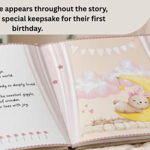 May include: An open children's storybook with pink curtains on the edges. The left page contains text about a child named Olivia. The right page features a watercolor illustration of a bunny resting on a yellow crescent moon with pink clouds.
