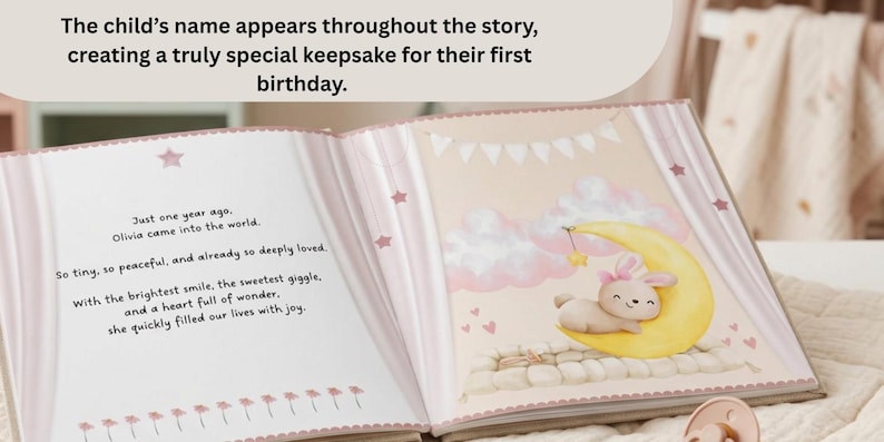 May include: An open children's storybook with pink curtains on the edges. The left page contains text about a child named Olivia. The right page features a watercolor illustration of a bunny resting on a yellow crescent moon with pink clouds.
