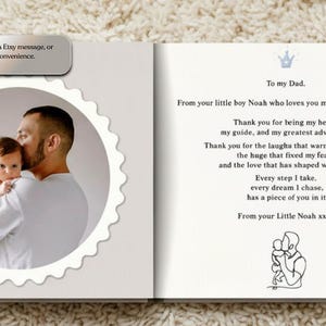 Puede incluir: Un libro de fotos cuadrado con una fotograf&iacute;a circular de bordes festoneados de un padre o madre sosteniendo a un beb&eacute; en la p&aacute;gina izquierda. La p&aacute;gina derecha contiene una carta impresa para un padre, una corona azul y un dibujo lineal.