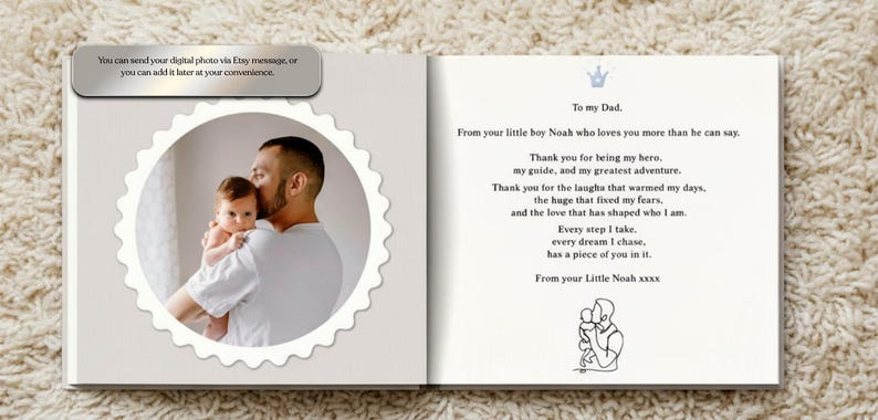 Puede incluir: Un libro de fotos cuadrado con una fotograf&iacute;a circular de bordes festoneados de un padre o madre sosteniendo a un beb&eacute; en la p&aacute;gina izquierda. La p&aacute;gina derecha contiene una carta impresa para un padre, una corona azul y un dibujo lineal.