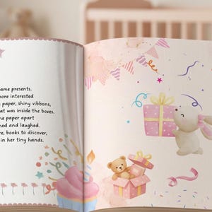 May include: An open children's storybook featuring watercolor illustrations of a rabbit, a teddy bear, and geese at a birthday party. The text reads: After the cake came presents. Olivia was much more interested in the colourful wrapping paper.