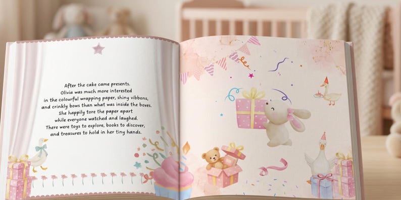 May include: An open children's storybook featuring watercolor illustrations of a rabbit, a teddy bear, and geese at a birthday party. The text reads: After the cake came presents. Olivia was much more interested in the colourful wrapping paper.