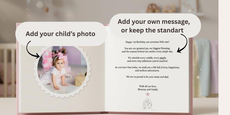 May include: A pink hardcover photo book featuring a circular scalloped-edge photo frame on the left page and printed text on the right page that reads: Happy 1st Birthday, our precious little one! You are our greatest joy, our biggest blessing, and the reason behind our smiles every single day. We cherish every cuddle, every giggle, and every tiny milestone you've reached. As you turn One today, we wish you a life full of love, happiness, and endless adventures. We are so proud to be your mum and dad. With all our love, Mummy and Daddy.