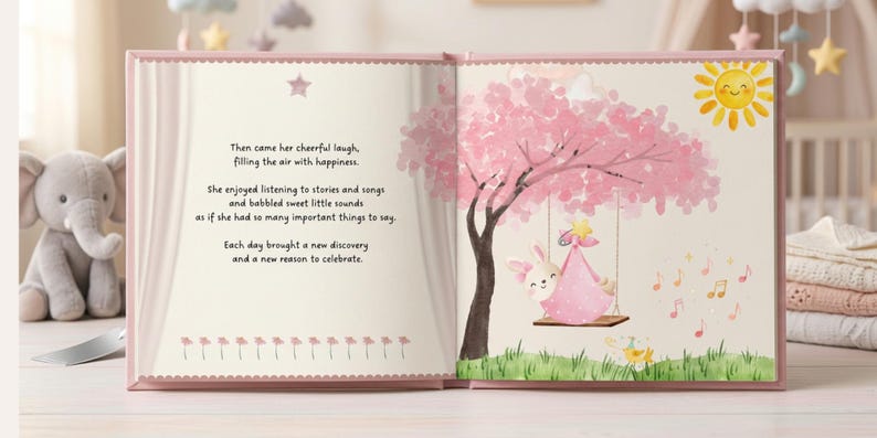 May include: An open children's book with a pink cover featuring a watercolor illustration of a rabbit on a swing under a pink tree. The text reads: Then came her cheerful laugh, filling the air with happiness. She enjoyed listening to stories and songs.