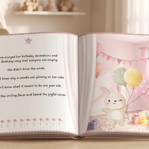 May include: An open children's storybook featuring a page with text about a birthday and a page with a watercolor illustration of a bunny holding balloons in a room decorated with bunting, gifts, and a small cake on a table.