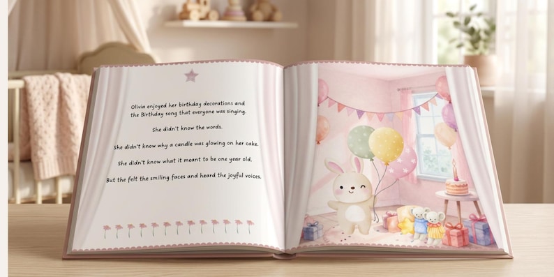 May include: An open children's storybook featuring a page with text about a birthday and a page with a watercolor illustration of a bunny holding balloons in a room decorated with bunting, gifts, and a small cake on a table.