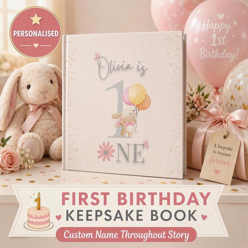 May include: A square hardcover keepsake book with a cream cover featuring the text Olivia is 1, a cartoon bunny holding balloons, and a pink flower. The book is displayed alongside a plush bunny, pink balloons, and a gift box with a tag.