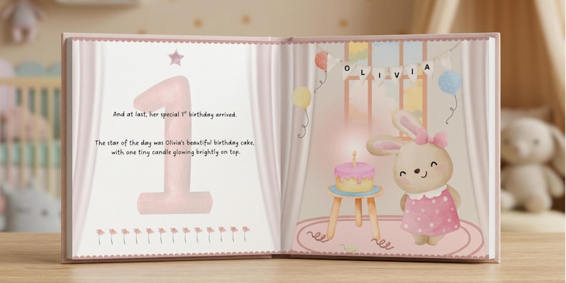 May include: An open children's storybook with pink pages. The left page features a large number one and text reading: And at last, her special 1st birthday arrived. The star of the day was Olivia's beautiful birthday cake, with one tiny candle glowing brightly on top. The right page shows a cartoon rabbit, a cake on a stool, and a banner spelling OLIVIA.