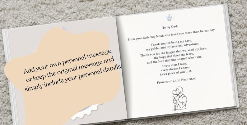 Puede incluir: Un libro abierto con una p&aacute;gina blanca que presenta un icono de corona azul, un poema dirigido a un padre y un dibujo lineal de un adulto sosteniendo a un ni&ntilde;o. La p&aacute;gina izquierda tiene una superposici&oacute;n beige con el texto: Add your own personal message, or keep the original message and simply include your personal details.