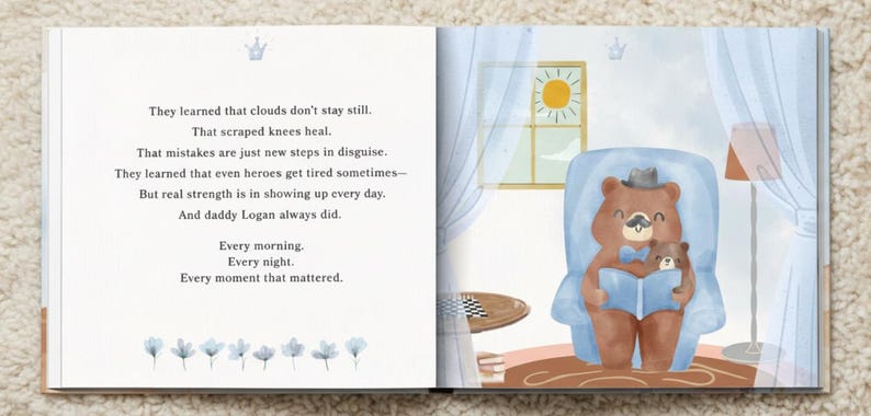 Puede incluir: Una p&aacute;gina de libro infantil con texto sobre pap&aacute; Logan y una ilustraci&oacute;n de un oso pardo grande con sombrero y pajarita azul sentado en un sill&oacute;n azul con un oso peque&ntilde;o, ambos leyendo un libro azul en una habitaci&oacute;n con una ventana.