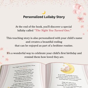May include: A personalized lullaby storybook featuring the text The Night You Turned One, Olivia. The open book displays a poem about a child's first birthday, accompanied by an illustration of a rabbit sleeping on a yellow crescent moon.