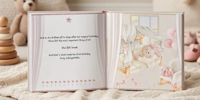 May include: An open children's storybook with a light pink color scheme. The left page features text about a first birthday and feeling loved. The right page shows an illustration of a small bunny sleeping in a canopy bed with pink balloons.