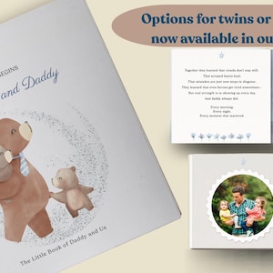 Puede incluir: Un libro cuadrado de tapa dura titulado Where Love Begins: Noah, Mia and Daddy, con una ilustraci&oacute;n en acuarela de un oso grande con dos ositos. Las p&aacute;ginas interiores muestran escenas de osos, texto impreso y una foto circular familiar.