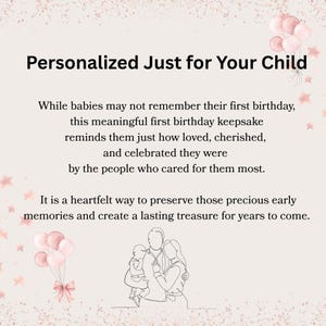 May include: A light pink graphic card featuring the text Personalized Just for Your Child, followed by a paragraph about first birthday keepsakes. The design includes line art of a family, clusters of pink balloons, and scattered pink stars.