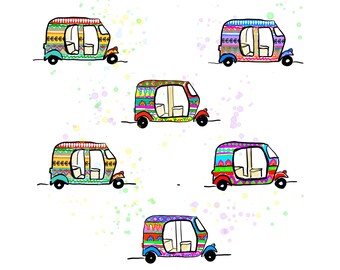 May include: Five colourful auto rickshaws with intricate patterns and designs. The rickshaws are drawn in a cartoon style and are set against a white background with watercolour splatters.