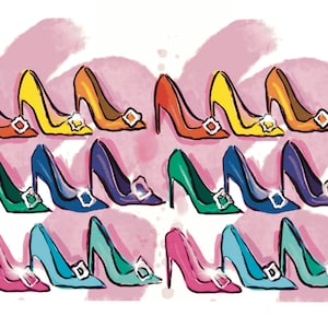 Puede incluir: Ilustración de zapatos de tacón alto en varios colores, incluyendo naranja, amarillo, verde, azul y rosa. Cada zapato tiene una hebilla decorativa. El fondo presenta un lavado de acuarela rosa.